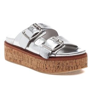 Never Worn - J/Slides NYC Belinda Silver Leather Cork Platform Sandal - Size 6.5
